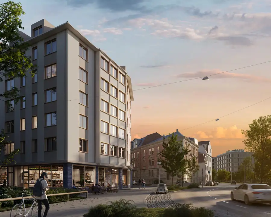 Bauerngasse 39 in Nürnberg, Eckgebäude mit Ladenzeile im Erdgeschoss, im Abendlicht